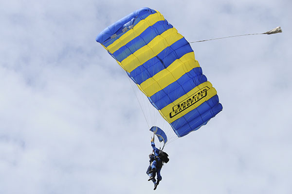 parachutists against a blue sky